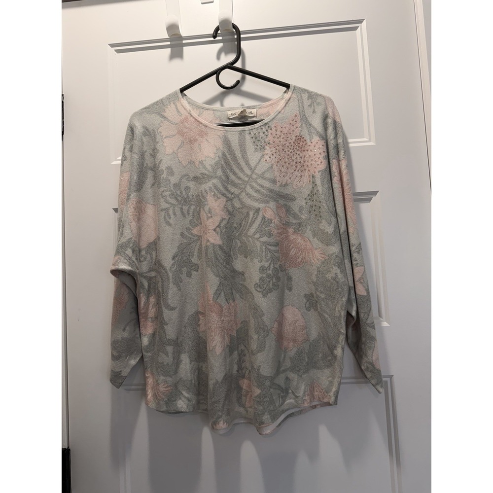 Cactus + Pearl Floral Rhinestone Knit Top Women's Medium Grey Pink Dolman Sleeve